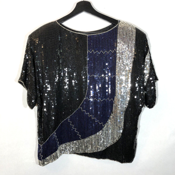 Vintage JLB Silk Sequin Blouse Size Medium Black Silver Blue Top 80s Eras Tour - Picture 5 of 7